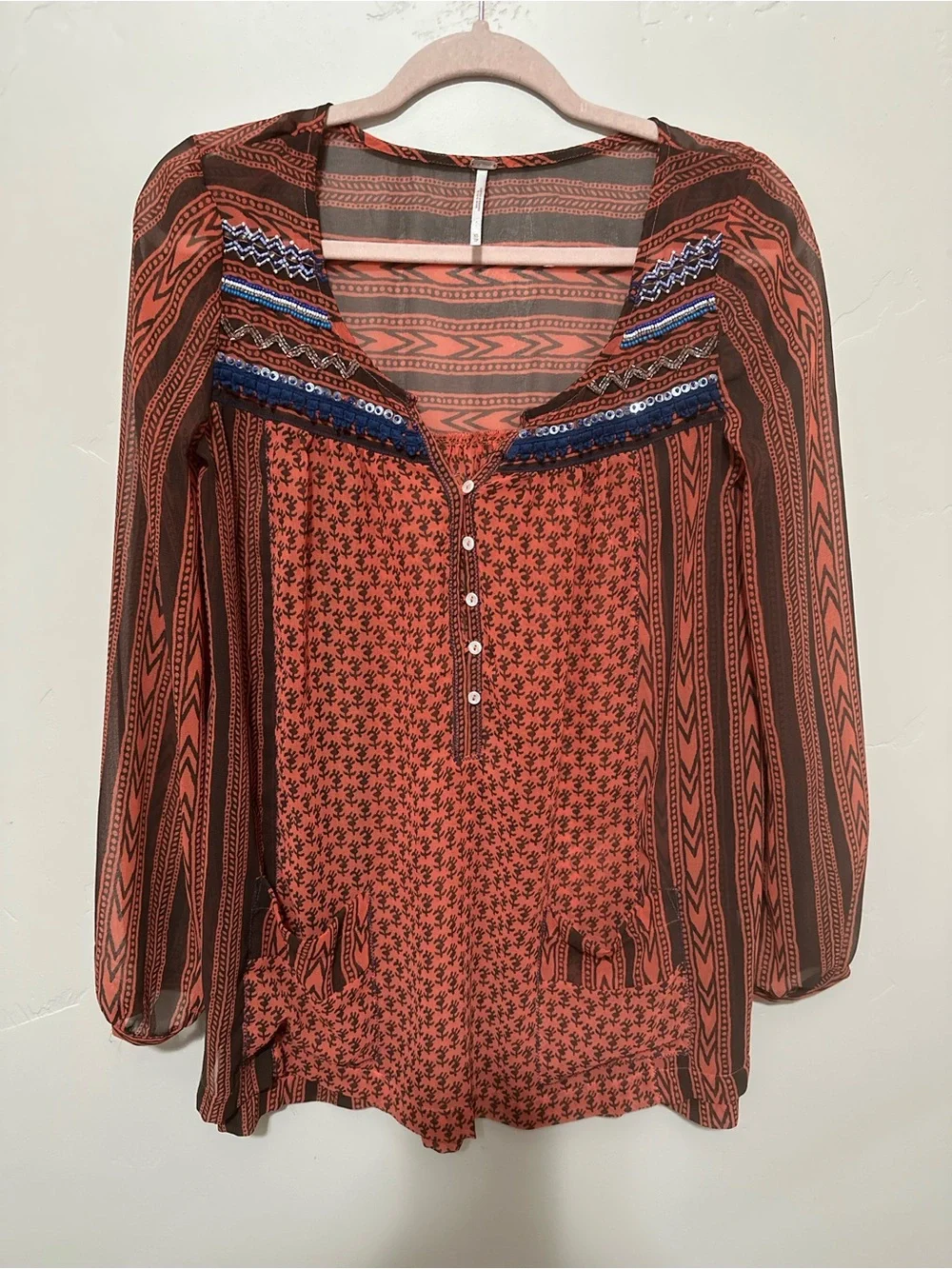 Free People Rust and Navy Patterned Long-Sleeve Tunic